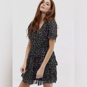 All Saints Ilia Pippa Black & White Floral Tiered Ruffle Dress